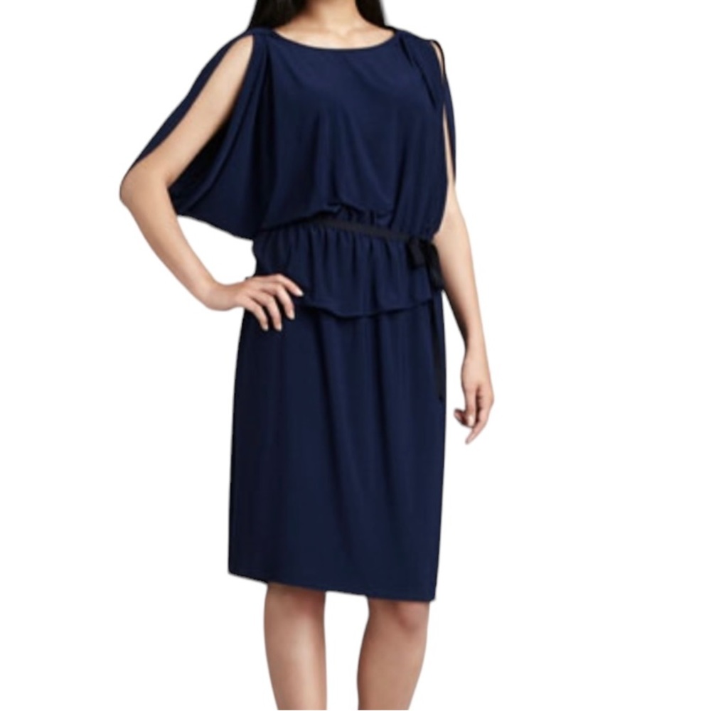T Tahari Deep Navy Blue "Alice" Jersey Knit Cold Shoulder Dress L